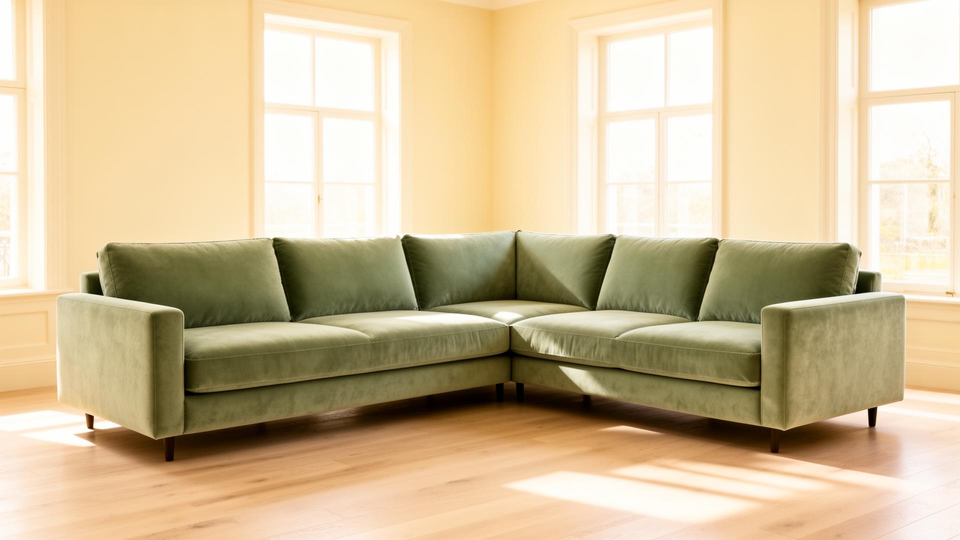A sage green velvet sectional sofa in a sunlit cream room